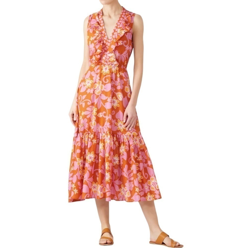 Warm Sierra Sleeveless Orange Pink Floral Cotton Tiered Midi Dress 2